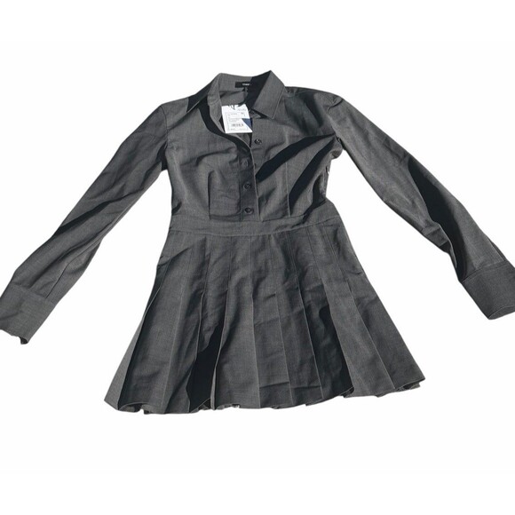 Theory Dresses & Skirts - New $525 Theory Pleated Mini Shirt Dress Stretch Wool Charcoal Melange 00 Y2k
